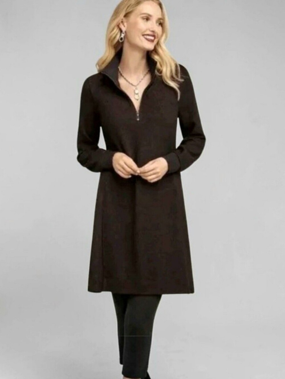 CAbi Cuddle Sweater Dress Black Burgundy Speckle Zip Neck Long Sleeve #4215 LG